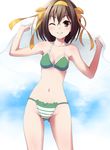  bikini breasts cleavage hair_ribbon medium_breasts navel o-ring o-ring_top one_eye_closed oryou ribbon short_hair solo string_bikini suzumiya_haruhi suzumiya_haruhi_no_yuuutsu swimsuit towel 