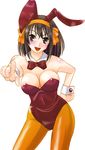  animal_ears black_hair blush breasts brown_eyes bunny_ears bunnysuit covered_nipples fishnet_pantyhose fishnets hairband large_breasts orange_hairband pantyhose pointing sentape short_hair solo suzumiya_haruhi suzumiya_haruhi_no_yuuutsu wrist_cuffs 