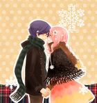  1girl blue_hair cecily couple digimon digimon_adventure_02 eye_contact flower fringe_trim glasses hair_flower hair_ornament hetero holding_hands kido_jou looking_at_another pink_hair scarf snowflakes tachikawa_mimi 