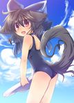  ahoge animal_ears bow brown_hair child collar fang kannagi_cocoa one-piece_swimsuit open_mouth original school_swimsuit solo swimsuit tail toba_hiyoko 