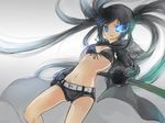  bikini_top black_hair black_rock_shooter black_rock_shooter_(character) blue_eyes burning_eye glowing glowing_eye highres jane_mere long_hair midriff short_shorts shorts solo sword weapon 