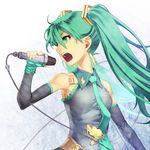  adapted_costume earrings elbow_gloves fingerless_gloves gloves green_eyes green_hair hatsune_miku jewelry kunieda long_hair microphone music necktie singing solo tattoo twintails vocaloid 