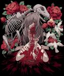  1girl animal_skeleton bad_id bad_twitter_id barefoot between_legs bird blood blood_from_eyes blood_on_face blood_on_hands blood_splatter bug centipede completely_nude covering_own_mouth dove floral_background flower full_body guro hand_between_legs hand_up heart injury long_hair looking_down maggot meremero nude original red_eyes red_flower red_rose rose sitting solo wariza 