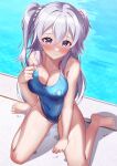  1girl barefoot blue_one-piece_swimsuit commission competition_swimsuit covered_navel gakusen_toshi_asterisk grey_hair highleg highleg_swimsuit highres long_hair one-piece_swimsuit pixiv_commission pool poolside purple_eyes shirosaba solo swimsuit toudou_kirin two_side_up water wet wet_clothes wet_swimsuit 