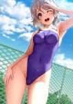 1girl armpits birthday blue_eyes blue_sky blush breasts check_commentary cloud cloudy_sky collarbone commentary commentary_request competition_swimsuit from_below grey_hair highres looking_at_viewer love_live! love_live!_sunshine!! medium_breasts one-piece_swimsuit one_eye_closed rokko short_hair sky solo swimsuit upper_body watanabe_you 