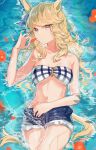  1girl animal_ears bandeau bare_arms bare_shoulders bikini blonde_hair blue_eyes commentary cowboy_shot cutoffs denim denim_shorts gold_city_(umamusume) highres horse_ears long_hair looking_at_viewer navel plaid plaid_bikini short_shorts shorts solo stomach strapless strapless_bikini swimsuit thighs tube_top ueruko umamusume 