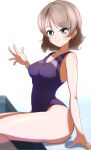  1girl armpit_crease at_alexandrite blue_eyes blush breasts brown_hair cleavage highres looking_at_viewer love_live! love_live!_sunshine!! short_hair simple_background sitting smile solo swimsuit thighs watanabe_you waving wavy_hair 