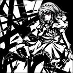  greyscale high_contrast izayoi_sakuya jojo_no_kimyou_na_bouken knife monochrome parody red_eyes solo spot_color time_stop touhou yukifuri za_warudo 