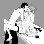  2boys 8059 belt black_hair couple cup gokudera_hayato katekyo_hitman_reborn katekyo_hitman_reborn! kiss lowres male_focus monochrome mug multiple_boys saliva scar silver_hair table tongue topless yamamoto_takeshi yaoi 