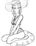 2024 anthro bedroom_eyes bianca_(bybuckett) bikini black_and_white breasts bybuckett cavemanon_studios clothing dinosaur eyelashes fan_character female hat headgear headwear kneeling long_tail looking_at_viewer monochrome narrowed_eyes reptile scalie seductive sketch smile snoot_game snout solo sun_hat swimwear tail