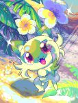  animal_hands fangs flower glint green_fur highres midair nature no_humans outdoors pixel_art pokemon pokemon_(creature) red_eyes rock shadow sprigatito uki_(ukierr) 