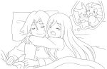  1boy 1girl bed bed_sheet closed_eyes dreaming greyscale hug james_(pokemon) jessie_(pokemon) meowth monochrome on_bed pajamas pikachu pillow pokemon pokemon_(anime) rn_(nyasuke) saliva sketch sleeping sleepy sweatdrop team_rocket white_background 