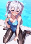  1girl black_pantyhose blue_one-piece_swimsuit commission competition_swimsuit covered_navel gakusen_toshi_asterisk grey_hair highleg highleg_swimsuit highres long_hair one-piece_swimsuit pantyhose pantyhose_under_swimsuit pixiv_commission pool poolside purple_eyes shirosaba solo swimsuit toudou_kirin two_side_up water wet wet_clothes wet_swimsuit 