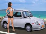  armpits bare_shoulders beach bikini_tan blush brown_hair car day ground_vehicle high_heels legs long_hair motor_vehicle ocean original outdoors reflection ribs shiny shiny_skin shoes short_shorts shorts sky solo subaru_(brand) tan tanline unzipped yoshino_momiji 