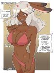  2024 animal_humanoid big_breasts bikini blush breast_expansion breasts brown_body brown_eyes brown_skin cleavage clothed clothing dialogue english_text expansion female hair heart_symbol hi_res humanoid jackie_(marieperkycookie) lagomorph lagomorph_humanoid leporid_humanoid mammal mammal_humanoid pink_bikini pink_clothing pink_swimwear rabbit_ears rabbit_humanoid solo speech_bubble stated_age swimwear text thevarking white_hair 