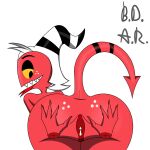 absurd_res anthro anus b.d.a.r. bodily_fluids butt cum cum_drip cum_inside dripping freckled_butt freckles freckles_on_face genital_fluids helluva_boss hi_res humanoid imp looking_at_viewer looking_back looking_pleasured male moxxie_(helluva_boss) rear_view solo spread_anus spreading