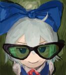  ahoge blue_eyes blue_ribbon cirno glasses green_background hair_ribbon highres li_shay ribbon smug touhou white_hair 