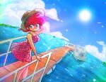  1girl blue_eyes boat braid braided_ponytail cloud dock dress genderswap genderswap_(mtf) grin hand_on_own_head hand_on_railing hat island looking_at_viewer ocean outdoors pink_dress ranma-chan ranma_1/2 red_hair saotome_ranma shining signature sky smile straw_hat sun sundress sunlight wanta_(futoshi) watercraft 