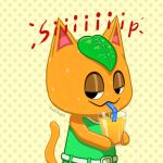 1:1 animal_crossing anthro beverage clothing container cup domestic_cat dress felid feline felis female fur glass glass_container glass_cup green_clothing green_dress half_dime hi_res juice_(beverage) leaf looking_at_viewer mammal nintendo orange_body orange_fur orange_juice sipping smug smug_face solo straw_in_mouth tail tangy_(animal_crossing)