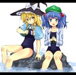  :t blonde_hair blue_eyes blue_hair braid capelet cucumber hair_bobbles hair_ornament hat kawashiro_nitori kirisame_marisa multiple_girls no_pants one-piece_swimsuit open_clothes school_swimsuit swimsuit swimsuit_under_clothes touhou tsujigiri twintails two_side_up water witch_hat yellow_eyes 