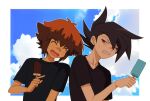  2boys ^_^ black_eyes black_hair black_shirt blue_sky blush border closed_eyes cloud collarbone food male_focus manjoume_jun multiple_boys open_mouth outline p_baby_blue pointing popsicle shirt short_sleeves sky smile sweatdrop teeth upper_body white_border white_outline yu-gi-oh! yu-gi-oh!_gx yuki_judai 