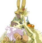 animal_humanoid anthro armor bandai_namco blonde_hair diarbbitmon digimon digimon_(species) digimon_ghost_game duo evolutionary_family fur hair headgear helmet hi_res humanoid knight lagomorph lagomorph_humanoid leporid leporid_humanoid long_ears male mammal mammal_humanoid ponytail_ears portugueselynx rabbit rabbit_humanoid symbareangoramon warrior yellow_body yellow_fur