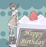  :d akizuki_ritsuko antenna_hair aqua_background bad_id bad_pixiv_id bangs birthday birthday_cake boots bracelet braid cake choker corsiva cross dated dress english finger_to_mouth food from_side fruit full_body garter_straps glasses grey_hair grey_legwear happy_birthday head_tilt idolmaster idolmaster_(classic) idolmaster_1 jewelry kintaro knee_boots looking_at_viewer open_mouth pastry puffy_short_sleeves puffy_sleeves red_eyes ribbon short_dress short_hair short_sleeves sign smile solo standing strawberry thighhighs 