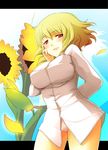  ahoge alternate_hair_color bad_id bad_pixiv_id blonde_hair breasts flower green_hair hand_on_own_face kazami_yuuka large_breasts no_pants numako panties pink_panties red_eyes shirt short_hair smile solo sunflower taut_clothes taut_shirt touhou underwear 