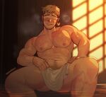  1boy artist_name bara blindfold blonde_hair blush chest_hair covered_eyes dungeon_meshi indoors laios_touden large_pectorals male_focus male_pubic_hair muscular muscular_male naked_towel navel nipples pectorals pubic_hair short_hair sitting smile solo thedamnthinguy towel 