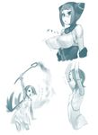  aqua armpits breasts breath_of_fire breath_of_fire_v flat_chest impossible_clothes large_breasts lin_(breath_of_fire) monochrome multiple_girls nina_(breath_of_fire_v) oohara_kyuutarou 