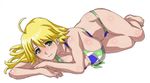  ahoge bad_id bad_pixiv_id barefoot bikini blonde_hair blush breasts cleavage green_eyes hisakawa_riho hoshii_miki huge_breasts idolmaster idolmaster_(classic) idolmaster_1 legs long_hair lying smile solo swimsuit 