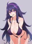  1girl @_@ ahoge bare_shoulders bikini breasts collarbone cowboy_shot dot_nose flipped_hair grey_background hair_between_eyes halterneck hanging_breasts hex_maniac_(pokemon) highres huge_breasts kamidan leaning_forward long_hair looking_at_viewer navel open_mouth pokemon pokemon_xy purple_bikini purple_eyes purple_hair revision sidelocks simple_background skindentation smile solo standing straight_hair swimsuit very_long_hair wavy_mouth 