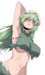  1girl absurdres arm_up armpits arrancar bleach breasts commentary_request covered_nipples curvy dutch_angle eyelashes floating_hair from_below green_hair green_shirt hair_between_eyes highres large_breasts lips long_hair looking_up mask midriff navel nelliel_tu_odelschwanck nishizuki_shino nose open_mouth parted_lips scar scar_on_face shirt simple_background skull_mask solo stomach torn_clothes tsurime underboob upper_body white_background yellow_eyes 
