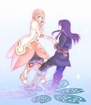  1girl artist_request boots dress estellise_sidos_heurassein holding_hands knee_boots long_hair pink_hair short_hair smile tales_of_(series) tales_of_vesperia yuri_lowell 