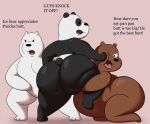 2024 absurd_res angry anthro bear big_butt black_body black_ears black_fur black_nose black_tail brown_bear brown_body brown_ears brown_fur brown_tail butt cartoon_network colossalstars dialogue digital_media_(artwork) english_text fur giant_panda grizzly_(we_bare_bears) grizzly_bear group hi_res holding_butt holding_leg huge_butt ice_bear_(we_bare_bears) kneeling male mammal one_eye_closed panda_(we_bare_bears) pink_background polar_bear pushing pushing_away short_tail simple_background tail text thick_thighs tongue trio ursine we_bare_bears white_body white_ears white_fur