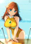  1girl absurdres bare_arms blue_eyes breasts brown_hair chinchongcha competition_swimsuit earrings flower_earrings highres impossible_clothes jewelry long_hair looking_at_viewer mario_(series) one-piece_swimsuit pool princess_daisy solo swimsuit water 