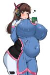  1girl alternate_body_size alternate_breast_size blue_bodysuit blush bodysuit breasts brown_eyes brown_hair can covered_navel covered_nipples cowboy_shot d.va_(overwatch) drink drink_can english_commentary gloves headphones heart highres holding holding_can holding_drink huge_breasts long_hair mountain_dew noiretox overwatch parted_lips plump shoulder_pads simple_background skin_tight solo thick_thighs thighs white_background white_gloves 