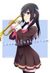  1girl artist_name black_hair brown_shirt brown_skirt copyright_name dated english_text hibike!_euphonium highres holding holding_instrument instrument kitauji_high_school_uniform kousaka_reina looking_at_viewer neckerchief nii_manabu purple_eyes red_neckerchief sailor_collar sailor_shirt school_uniform serafuku shirt skirt smile solo trumpet white_background 