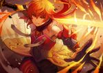  1boy bare_shoulders braid detached_collar detached_sleeves fate/grand_order fate_(series) fire fon-due_(fonfon) gloves glowing holding holding_weapon indian_clothes jewelry long_hair looking_at_viewer orange_eyes orange_hair ponytail rama_(fate) red_eyes red_hair smile weapon 