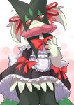  1girl animal_focus black_dress blush body_fur bow closed_mouth clothed_pokemon dress frills furry furry_female green_fur hair_ribbon highres katsukare looking_at_viewer maid meowscarada no_humans pokemon pokemon_(creature) red_bow red_eyes red_ribbon ribbon skirt solo two-tone_fur 
