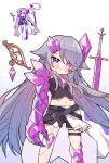  1girl cape chest_jewel colored_inner_hair gem grey_hair hair_ornament highres hololive hololive_english jewel_under_eye koseki_bijou kukie-nyan long_hair looking_at_viewer material_growth midriff multicolored_hair pebble_(koseki_bijou) pink_hair purple_eyes purple_hair simple_background sword very_long_hair virtual_youtuber weapon wings 