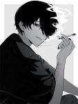  1boy bags_under_eyes cigarette greyscale hair_over_one_eye highres holding holding_cigarette jewelry lip_piercing looking_at_viewer male_focus monochrome nail_polish original piercing self-harm_scar shirt simple_background smoke smoking solo soui_manshin spot_color two-tone_background 