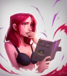  1girl absurdres angelmoonlight bare_arms bare_shoulders black_bra book bra collarbone crop_top grey_background highres holding holding_book katarina_(league_of_legends) league_of_legends long_hair open_book reading red_background red_hair scar scar_across_eye solo tears teemo underwear upper_body 