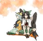  black_hair black_wings green_eyes hair_ribbon hat komeiji_koishi multiple_girls red_eyes reiuji_utsuho ribbon short_hair silver_hair sitting torinone touhou wings 