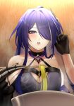  1girl absurdres acheron_(honkai:_star_rail) black_choker black_gloves breasts choker chopsticks cleavage commentary food gloves hand_up highres holding holding_chopsticks honkai:_star_rail honkai_(series) long_hair nekozaki_ke noodles open_mouth purple_eyes purple_hair ramen single_bare_shoulder solo upper_body 