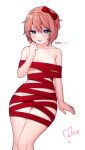  1girl absurdres blue_eyes blush bow breasts brown_hair doki_doki_literature_club groin hair_between_eyes hair_bow hand_to_own_mouth heart highres invisible_chair looking_at_viewer mika_(lovdere) naked_ribbon nervous_smile open_mouth red_bow red_ribbon ribbon sayori_(doki_doki_literature_club) short_hair sitting small_breasts smile solo sweat white_background 