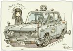  1girl :< arai_claire black_eyes black_hair black_jacket blue_car border car collared_shirt commentary gloves grey_background hand_on_headwear hat jacket lapels looking_at_viewer mitsubishi_debonair mitsubishi_motors motor_vehicle necktie peaked_cap radio_antenna red_necktie sekihan shirt short_hair signature simple_background solo standing taxi vehicle_focus vehicle_name white_border white_gloves white_hat white_shirt zesshaka!_shiritsu_yotsuwa_joshi_gakuin_zetsumetsu_kigu-sha_gakka 