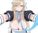  1girl absurdres apron areola_slip asuna_(blue_archive) black_dress blonde_hair blue_archive blue_eyes blue_ribbon breasts choker cleavage collarbone commentary dongye1551 dress gloves grin hair_over_one_eye headphones highres large_breasts long_hair looking_at_viewer maid_apron maid_headdress pov puffy_short_sleeves puffy_sleeves ribbon short_sleeves smile solo very_long_hair white_gloves 