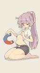  1girl barefoot black_shorts bow bright_pupils clothes_lift commentary full_body grey_background highres holding lifting_own_clothes long_hair magnet navel one_eye_closed original ponytail purple_hair red_eyes renren_(ah_renren) ribbon seiza shirt shirt_lift shorts simple_background sitting solo stomach t-shirt white_pupils white_shirt 