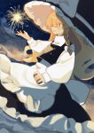  1girl absurdres aerial_fireworks alt_text apron back_bow black_hat black_skirt black_vest blonde_hair blush bow braid commentary_request fireworks frilled_skirt frills hair_bow hat hat_bow highres kirisame_marisa long_hair long_sleeves mini-hakkero pn62900508 side_braid single_braid skirt smile solo touhou very_long_hair vest waist_apron white_apron white_bow witch_hat yellow_eyes 
